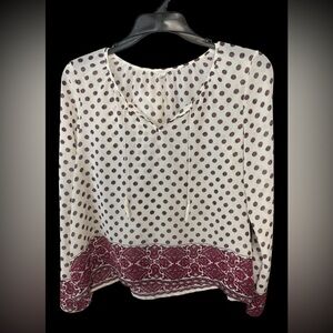 Aeroostale Aero Women’s Cream and Burgundy Polka Dot Peasant Blouse